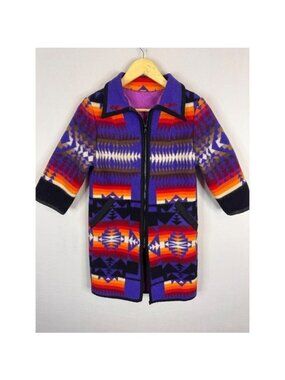 Vintage Southwestern Geometric Wool Blanket Coat Purple Orange Women XS/S Jacket